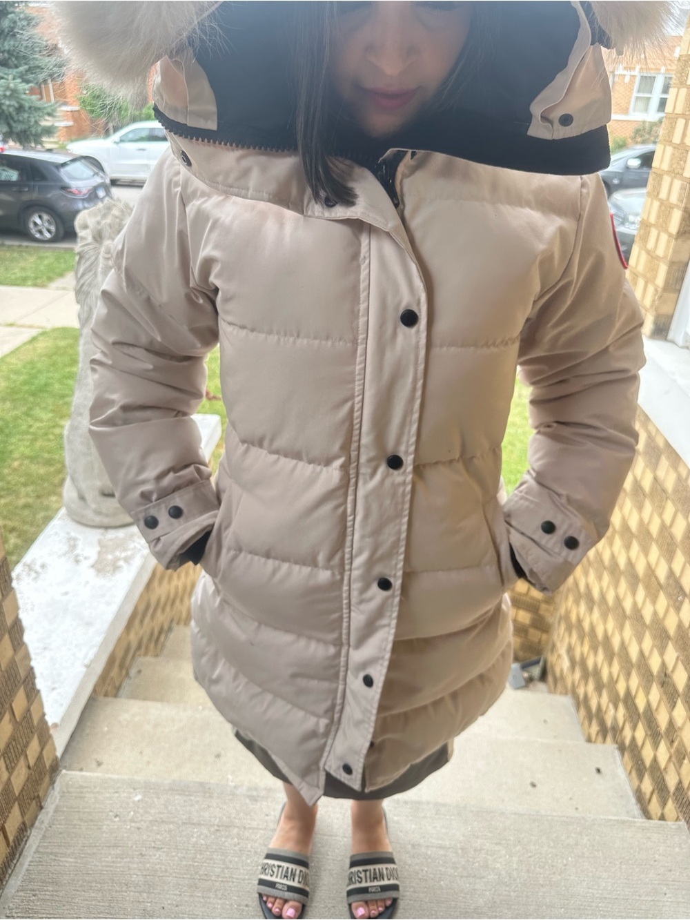 Canada Goose Light Beige Women's Down Puffer Coat with Fur-Trim Hood - Picture 4 of 11